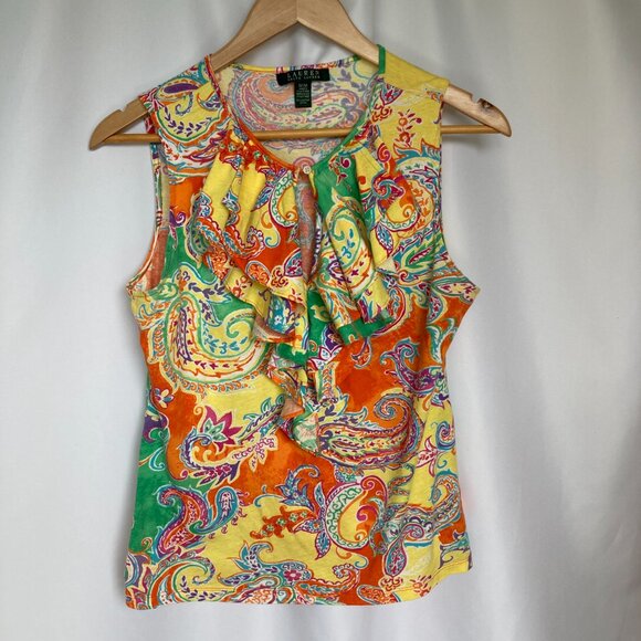 Lauren Ralph Lauren Orange Paisley sleeveless top keyhole front size M EUC - Picture 1 of 8
